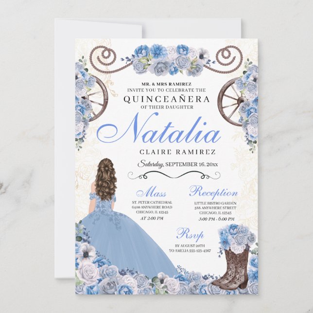 Light Blue Ranchero Princess Dress Quinceanera Inbjudningar (Framsida)