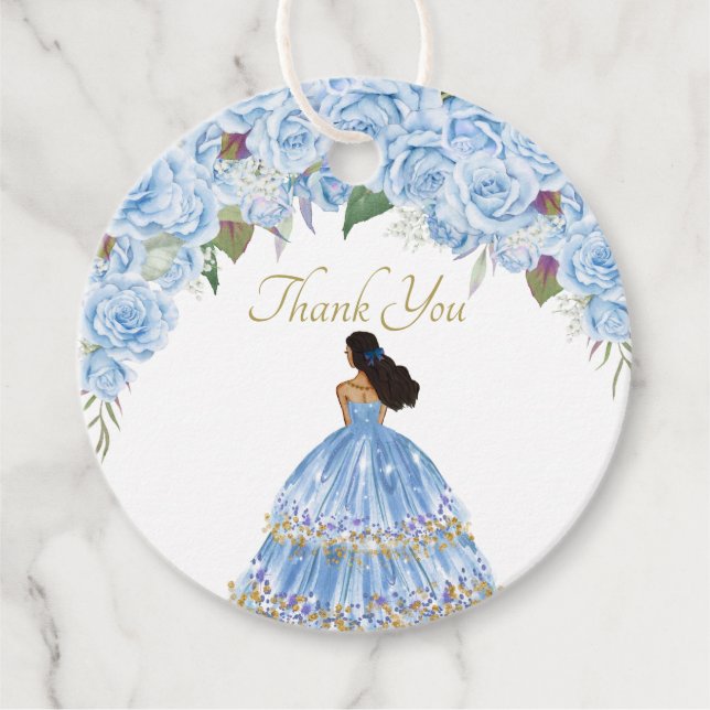 Light Blue Ro Blommigt Quinceanera Tack Fav Gåvor Etiketter (Framsida)