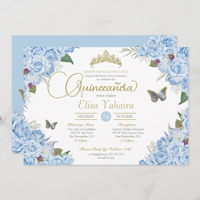 Light Blue Ro Blommigt Tiara Butterfly Quinceanera Inbjudningar (Fram/baksida)