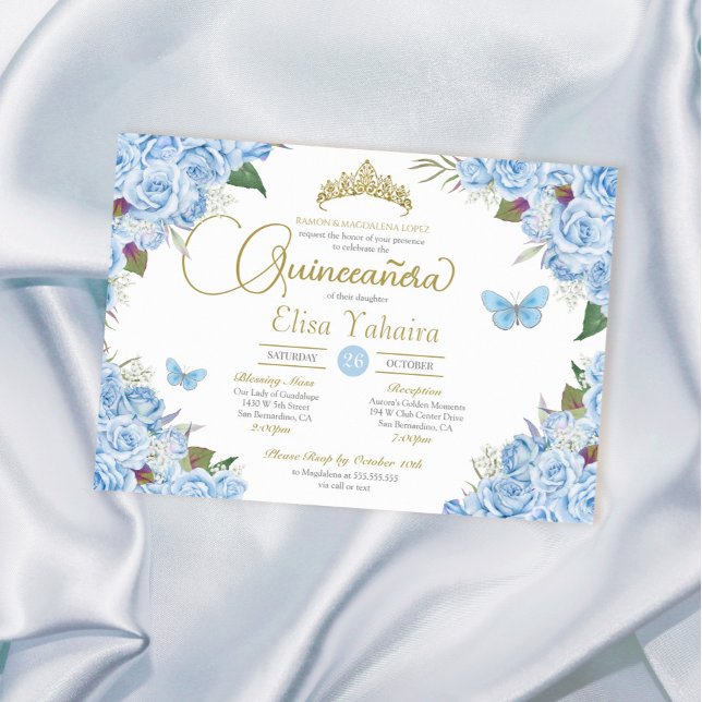 Light Blue Ro Blommigt Tiara Butterfly Quinceanera Inbjudningar (Skapare uppladdad)