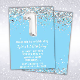 Light Blue Silver 1:a födelsedagen Party Inbjudningar