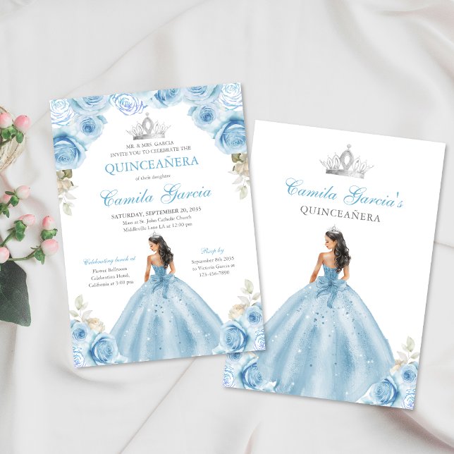 Light Blue & Silver Blommigt Princess Quinceañera Inbjudningar (Skapare uppladdad)