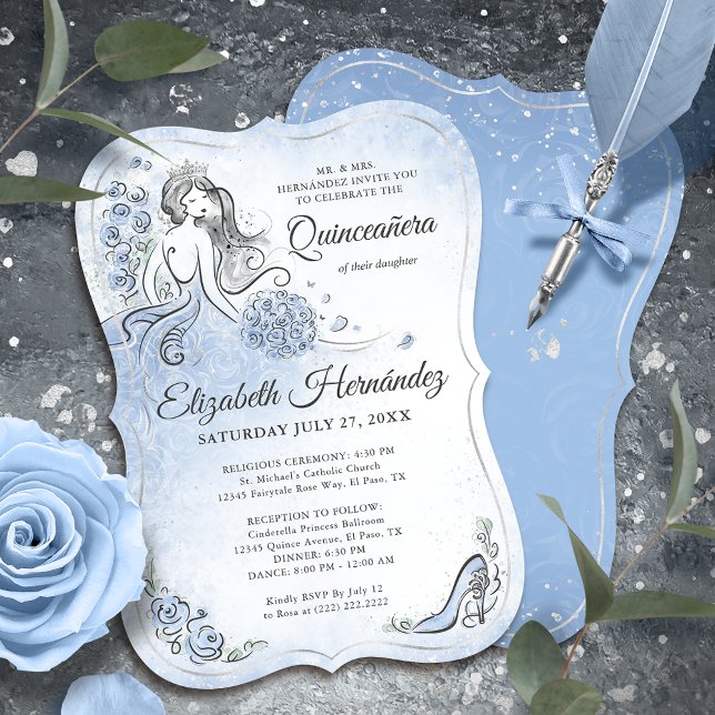 Light Blue Silver Princess Quinceanera Birthday Inbjudningar (Unique, downloadable light blue quinceanera invitations on an editable DIY template.)