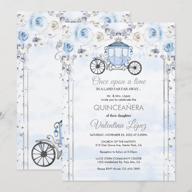 Light Blue Silver Princess Quinceanera Birthday Inbjudningar (Fram/baksida)