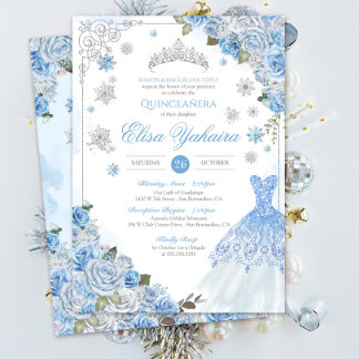 Light Blue Silver Snowflake Winter Quinceanera Inbjudningar