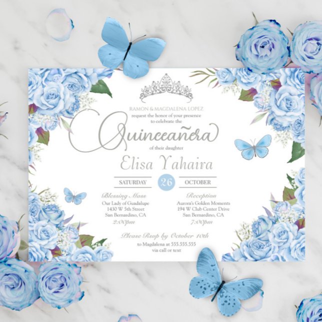 Light Blue Silver Tiara Butterfly Quinceanera Inbjudningar (Skapare uppladdad)