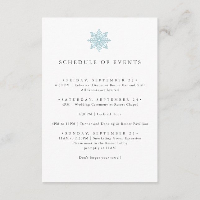 LIGHT BLUE SNOWFLAKE BRÖLLOP SCHEDULE OF EVENTIONS TILLÄGGSKORT (Framsida)