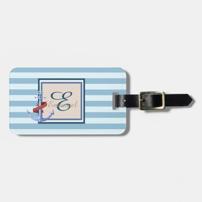 Light Blue Stripe Ancor Monogram Bagagebricka (Horisontell Framsida)