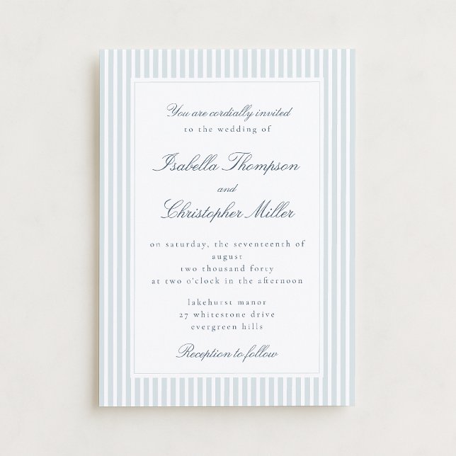 Light Blue Striped Modern Script Wedding Invitatio Inbjudningar (Skapare uppladdad)