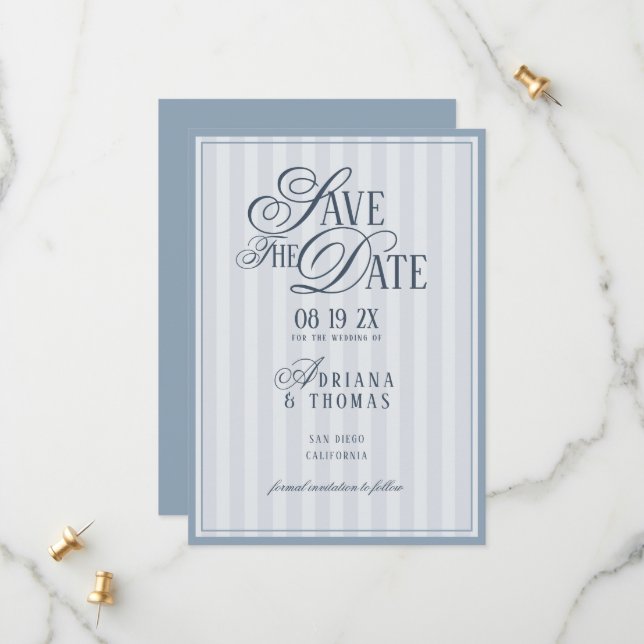 Light Blue Striped Old Money Calligraphy Wedding Spara Datumet (Fram/Back In Situ)
