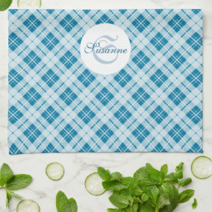 Light Blue tartan jul mönster Monogram Kökshandduk