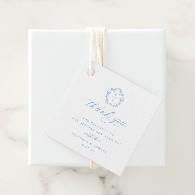 Light Blue Vapensköld Monogram Bröllop Tack Gåvor Etiketter (På plats)