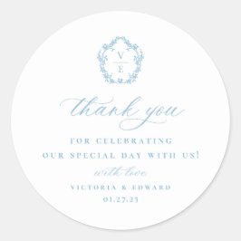 Light Blue Vapensköld Monogram Bröllop Tack Runt Klistermärke