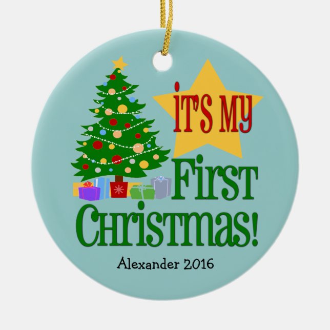 Light Blue w/Träd Baby Första julprydnad Julgransprydnad Keramik (Framsidan)