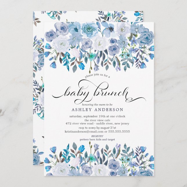 Light Blue Watercolor Blommigt Baby Brunch Inbjudningar (Fram/baksida)