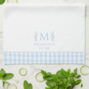 Light Blue & White Gingham Anpassningsbar Monogram Kökshandduk