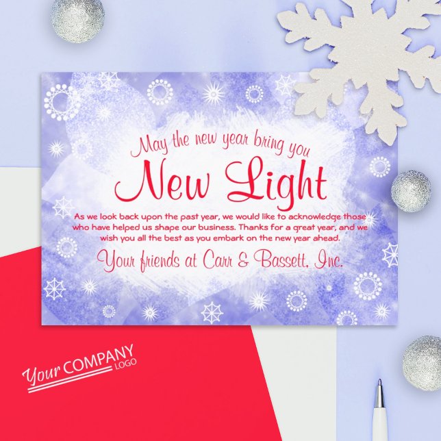 Light Blue, White Snöflingor, Red Company Helgdag Inbjudningar (blue ice snowflakes, red script writing, red logo company holiday cards, blue Christmas greetings)