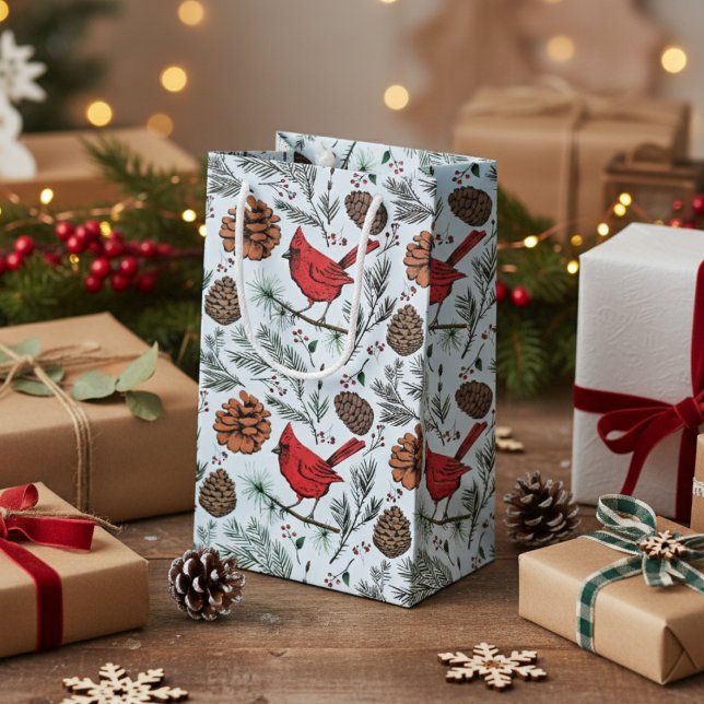 Light Blue Winter Perched Red Cardinal & Gräs Cone (Elegant Red Cardinal Gift Bags. Rustic Cardinal Birds, Pinecones, Pine Winter Pattern in Light Blue.)
