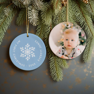 Light Blue Winter Snowflake Första julfoto Julgransprydnad Keramik