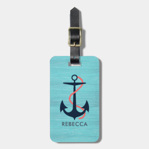 Light Blue Wood & Blue Nautical Anchor Monogram Bagagebricka