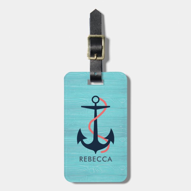 Light Blue Wood & Blue Nautical Anchor Monogram Bagagebricka (Vertikal Framsida)