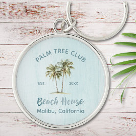 Light Blue Wood Handflatan Träd Modern Beach House Rund Silverfärgad Nyckelring