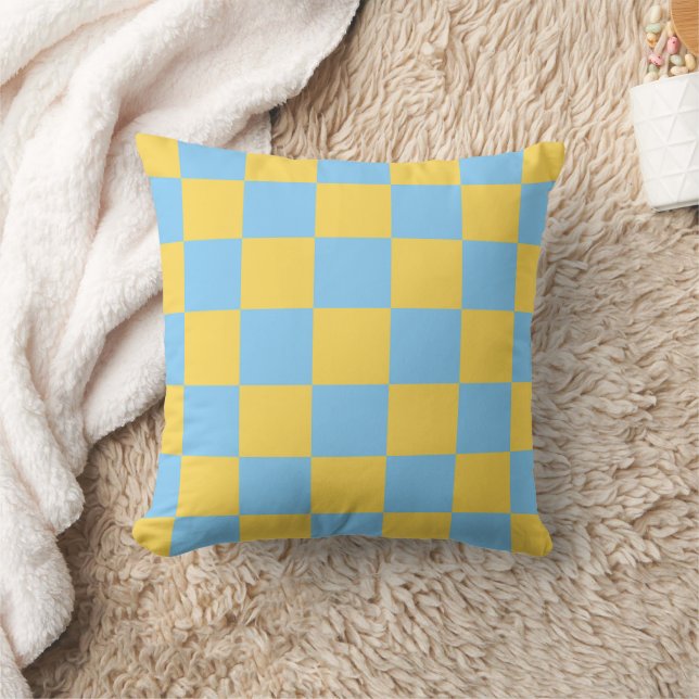 Light Blue Yellow Checkerboard Pillow Kudde (Filt)
