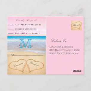 Light Blus Rosa 2 Heart Sand Beach Wedding OSA Vykort