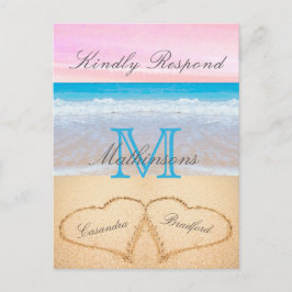 Light Blus Rosa 2 Heart Sand Beach Wedding OSA Vykort