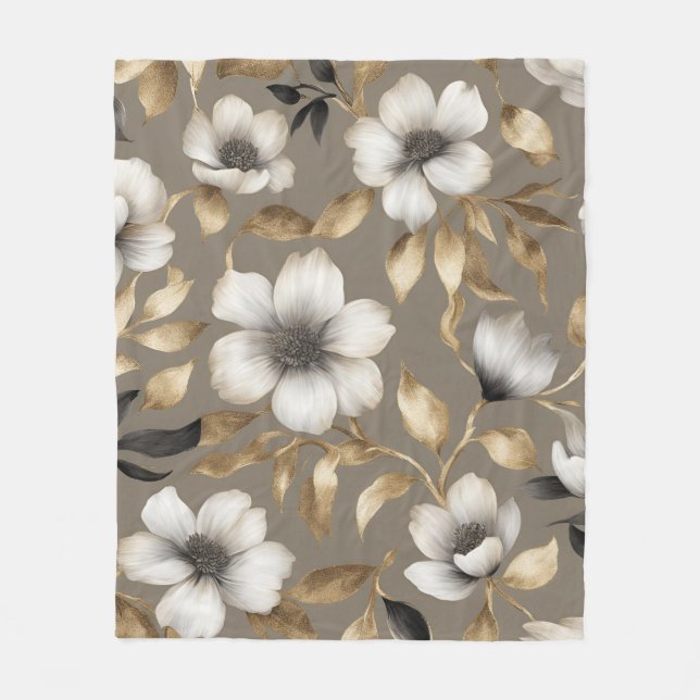 Light Brown Guld Black White Blommigt Fleecefilt (Framsidan)