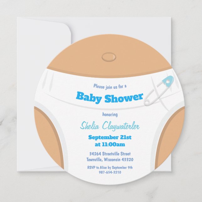 Light Brown Skin & Diaper Blue | Baby Shower Inbjudningar (Framsida)