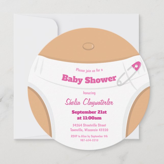 Light Brown Skin & Diaper Rosa | Baby Shower Inbjudningar (Framsida)