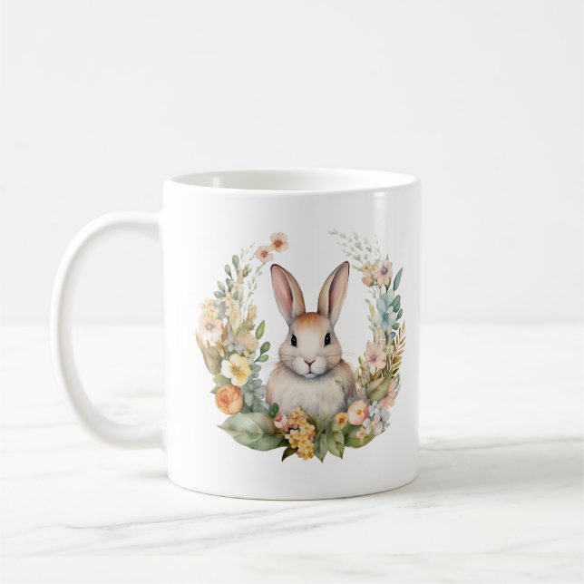 Light Brown/Tan Bunny Rabbit with Flowers Kaffemugg (Vänster)