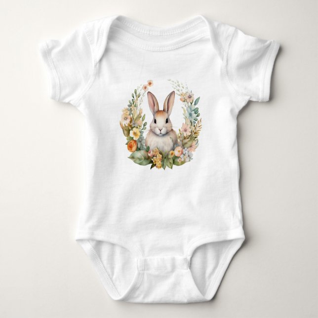 Light Brown/Tan Bunny Rabbit with Flowers T Shirt (Framsida)