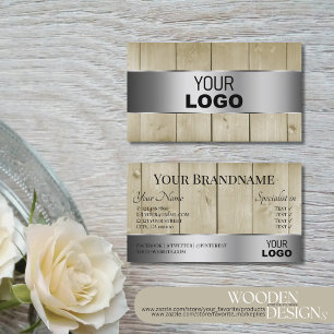 Light Brown Wood Grain Titta med Logotyp Silver De Visitkort