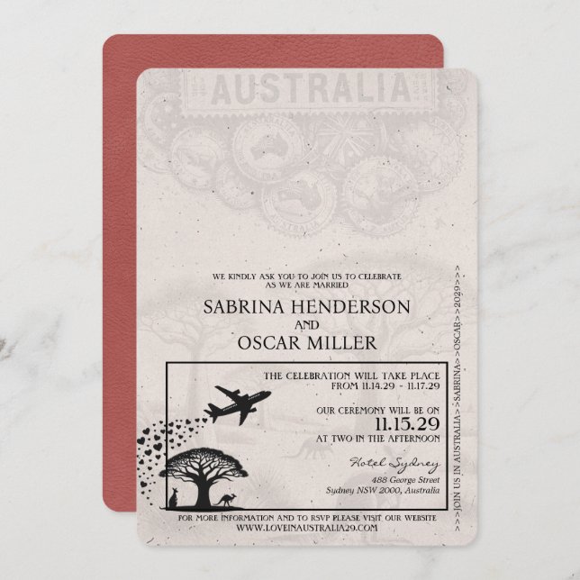 Light Burgundy Australia Passport Bröllop Inbjudningar (Fram/baksida)