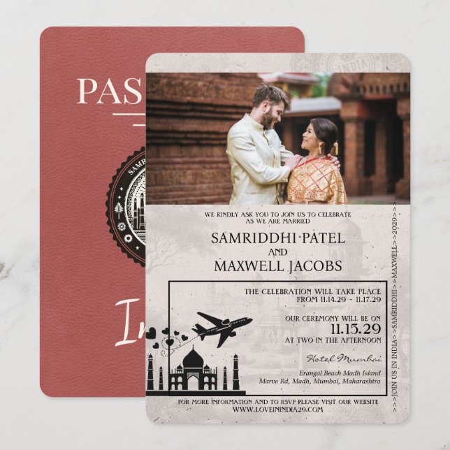Light Burgundy India Passport Wedding bjudande Inbjudningar (Fram/baksida)