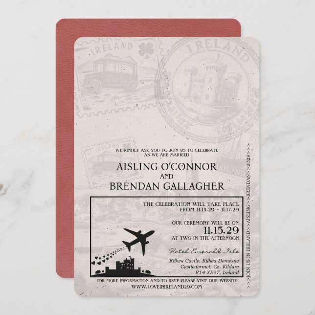 Light Burgundy Ireland Passport bröllopsinbjudan Inbjudningar (Fram/baksida)