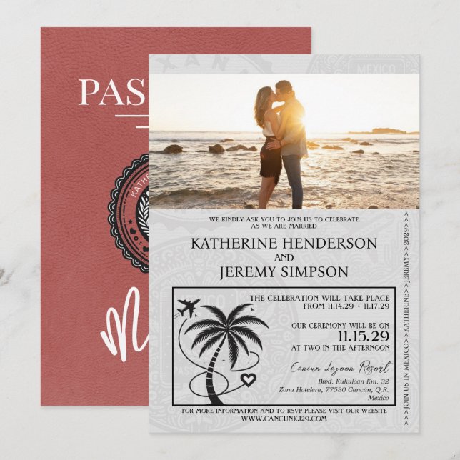 Light Burgundy Mexico Passport Bröllop Inbjudningar (Fram/baksida)