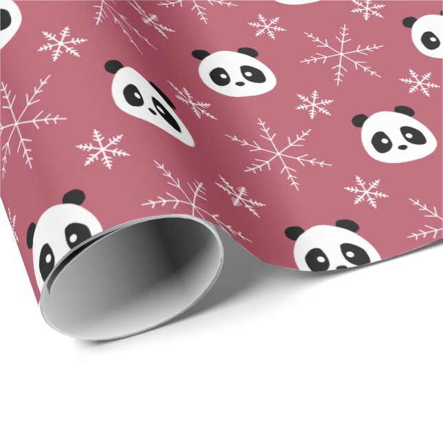 Light Burgundy Red - Cute Pandas med Snöflingor Presentpapper (Rullad Hörn)