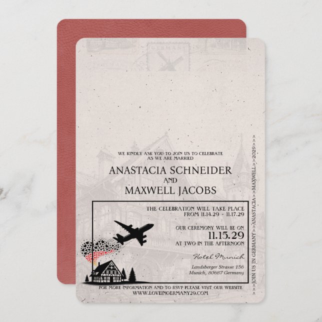 Light Burgundy Tyskland Passport Bröllop Inbjudningar (Fram/baksida)