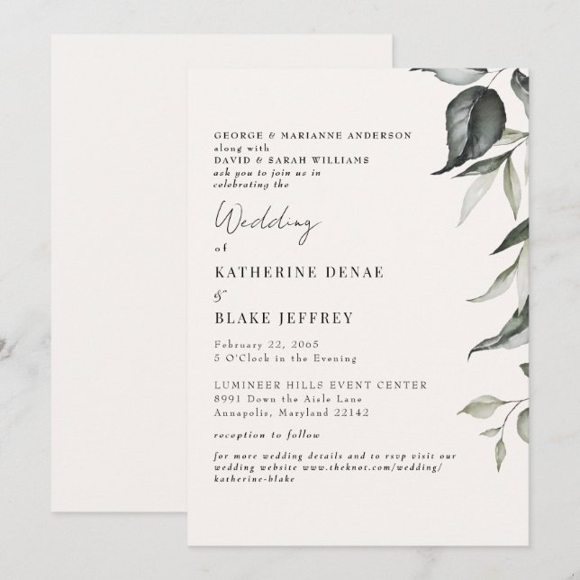 Light Champagne Botanical Foliage Webbplats Bröllo Inbjudningar (Fram/baksida)