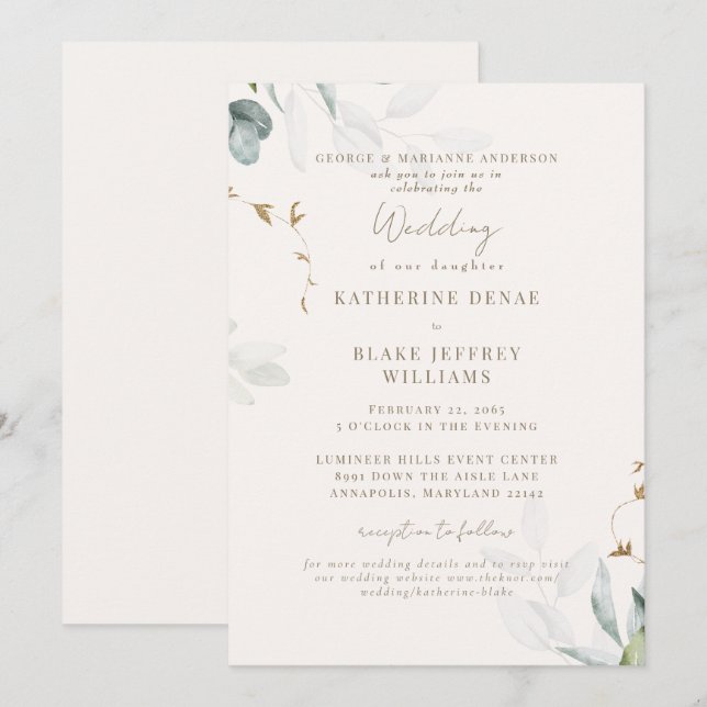 Light Champagne Botanical Website Bröllop II Inbjudningar (Fram/baksida)