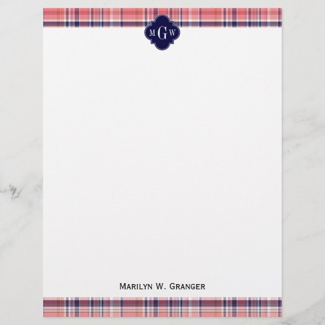 Light Coral Navy Wht Preppy Madras Monogram (Framsida)