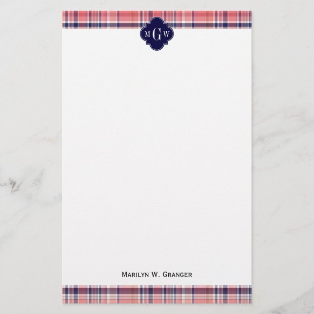 Light Coral Navy Wht Preppy Madras Monogram Brevpapper (Framsida)