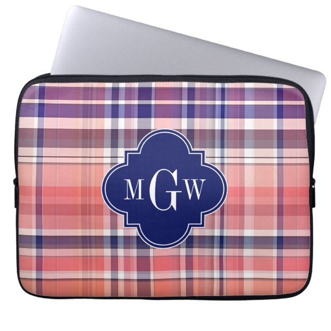 Light Coral Navy Wht Preppy Madras Monogram Laptop Sleeve (Framsidan)