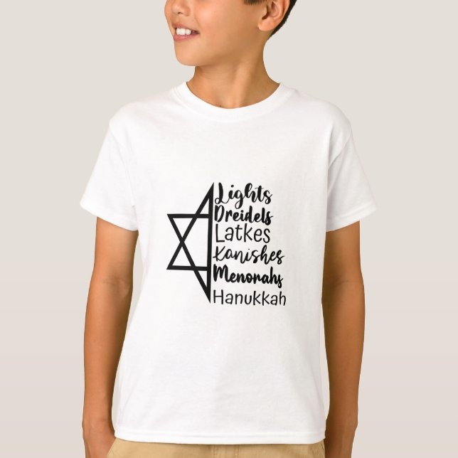 Light Dreidel Latke Kench Menorah Hanukkah T Shirt (Framsida)