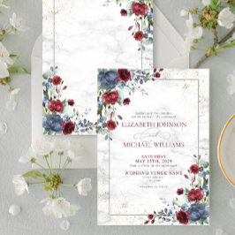 Light Dusty Blue Burgundy Guld Blommigt Bröllop Inbjudningar