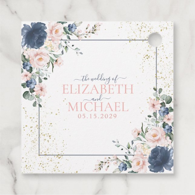 Light Dusty Blue  Rosa Guld Blommigt Bröllop Gåvor Etiketter (Baksida)