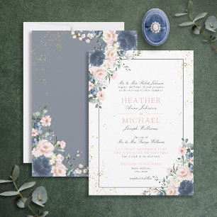 Light Dusty Blue Rosa Guld Blommigt Bröllop in Inbjudningar